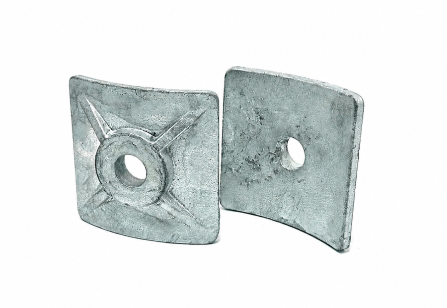 Cast Square Curved Washer HDG | Ductile Iron Utility Washer | IEEE C135.80 & CSA C83 Polelin Hardware