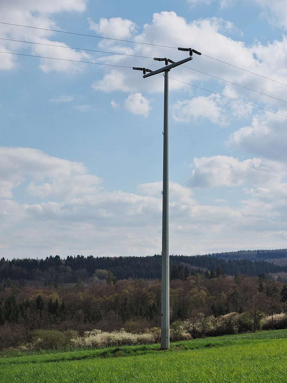 Representative medium-voltage overhead line on a steel tubular pole