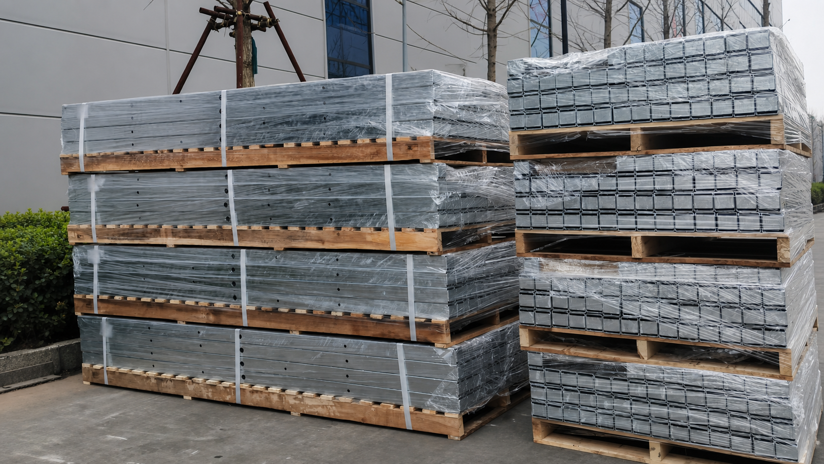 Galvanized pole-line steel components prepared for an 11kV overhead line material order
